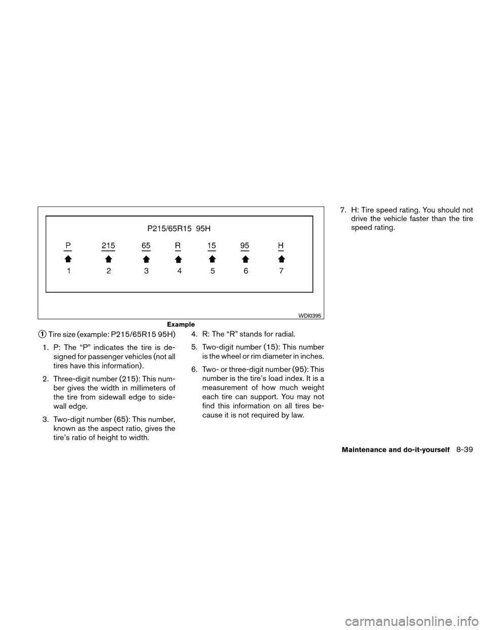 NISSAN ALTIMA COUPE 2010 D32 / 4.G Owners Manual 1Tire size (example: P215/65R15 95H)
1. P: The “P” indicates the tire is de- signed for passenger vehicles (not all
tires have this information) .
2. Three-digit number (215): This num- ber gives