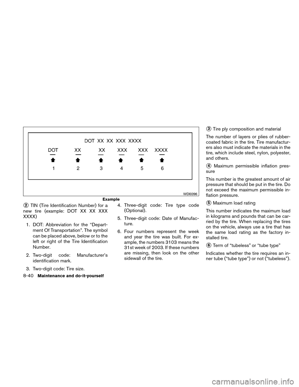 NISSAN ALTIMA COUPE 2010 D32 / 4.G Owners Manual 2TIN (Tire Identification Number) for a
new tire (example: DOT XX XX XXX
XXXX)
1. DOT: Abbreviation for the “Depart- ment Of Transportation”. The symbol
can be placed above, below or to the
left 