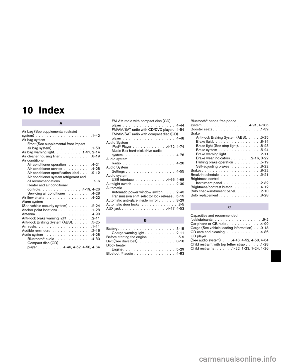 NISSAN ALTIMA COUPE 2010 D32 / 4.G Service Manual 10 Index
A
Air bag (See supplemental restraint
system) .....................1-42
Air bag system Front (See supplemental front impact
air bag system) ...............1-50
Air bag warning light .........