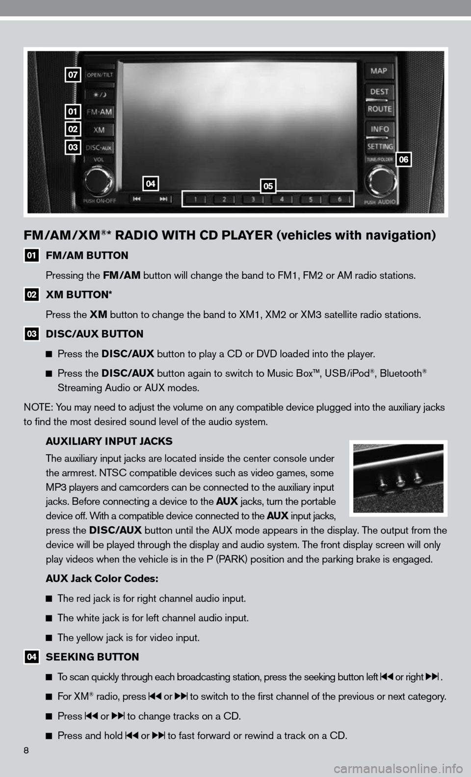 NISSAN ALTIMA COUPE 2010 D32 / 4.G Quick Reference Guide 8
FM/AM/XM®* RADIO WITH CD PLAYER (vehicles with navigation)
01 FM/AM BUTTON
Pressing the FM/AM button will change the band to fM1, fM2 or AM radio stations.
02 XM BUTTON*
Press the XM NISSAN ALTIMA COUPE 2010 D32 / 4.G Quick Reference Guide 8
FM/AM/XM®* RADIO WITH CD PLAYER (vehicles with navigation)
01 FM/AM BUTTON
Pressing the FM/AM button will change the band to fM1, fM2 or AM radio stations.
02 XM BUTTON*
Press the XM