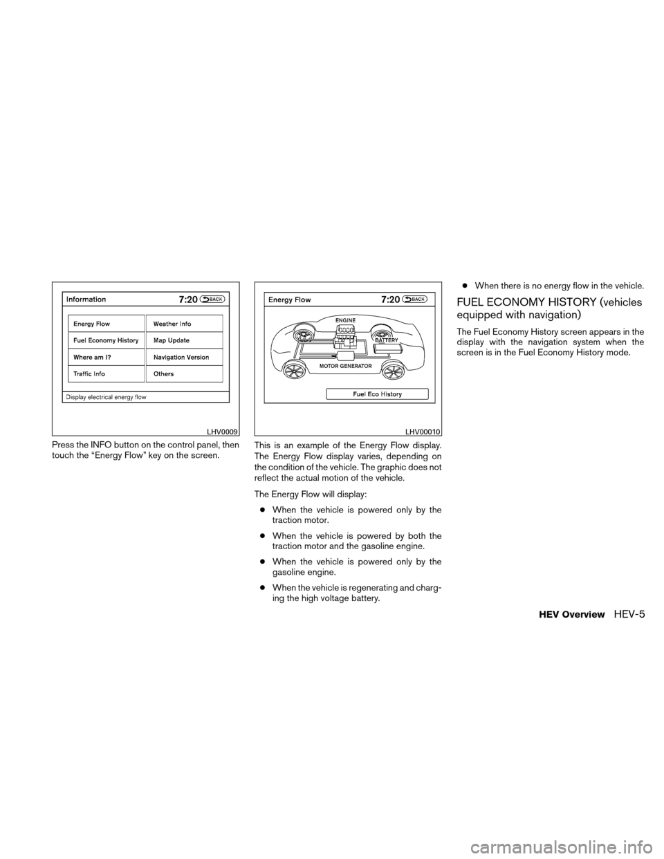 NISSAN ALTIMA HYBRID 2010 L32A / 4.G User Guide Press the INFO button on the control panel, then
touch the “Energy Flow” key on the screen.This is an example of the Energy Flow display.
The Energy Flow display varies, depending on
the condition