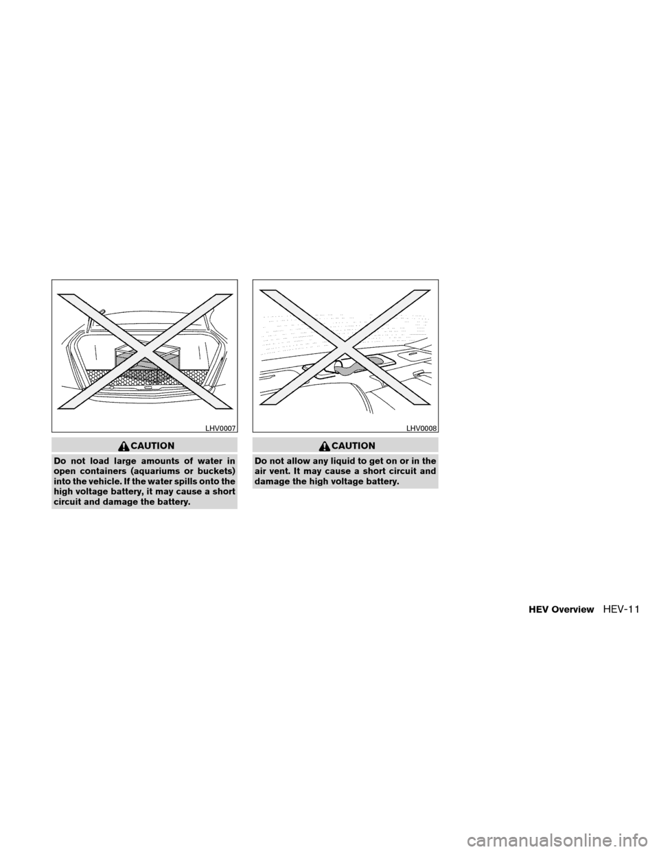 NISSAN ALTIMA HYBRID 2010 L32A / 4.G Owners Manual CAUTION
Do not load large amounts of water in
open containers (aquariums or buckets)
into the vehicle. If the water spills onto the
high voltage battery, it may cause a short
circuit and damage the ba