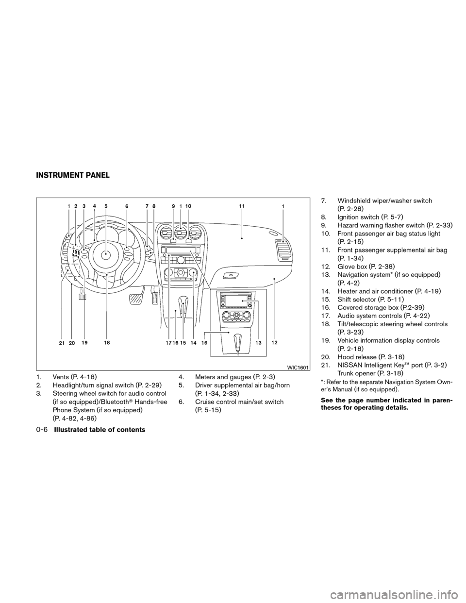 NISSAN ALTIMA HYBRID 2010 L32A / 4.G Owners Manual 1. Vents (P. 4-18)
2. Headlight/turn signal switch (P. 2-29)
3. Steering wheel switch for audio control(if so equipped)/Bluetooth Hands-free
Phone System (if so equipped)
(P. 4-82, 4-86) 4. Meters an