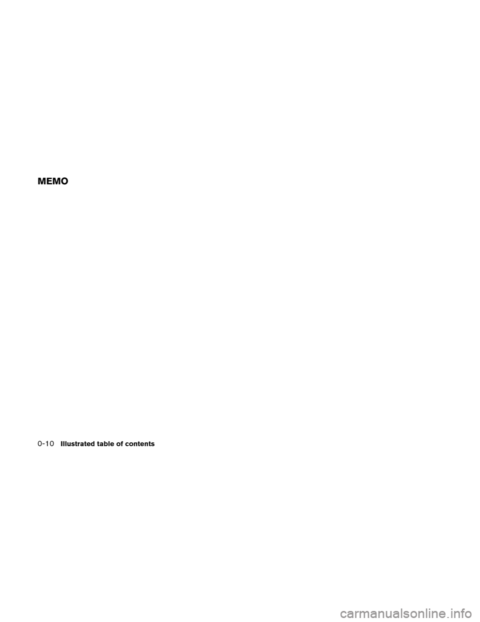 NISSAN ALTIMA HYBRID 2010 L32A / 4.G Owners Manual MEMO
0-10Illustrated table of contents 