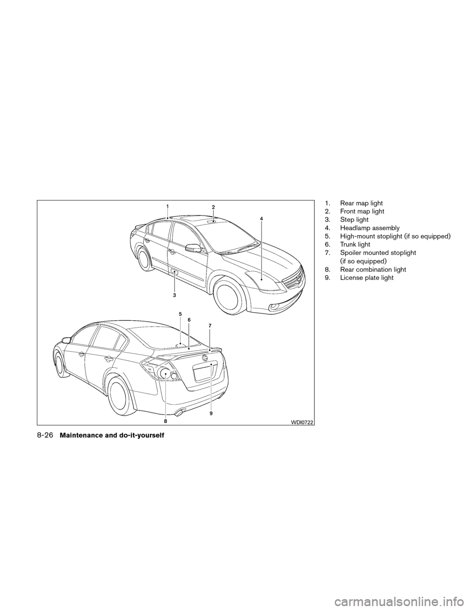 NISSAN ALTIMA HYBRID 2010 L32A / 4.G Owners Manual 1. Rear map light
2. Front map light
3. Step light
4. Headlamp assembly
5. High-mount stoplight (if so equipped)
6. Trunk light
7. Spoiler mounted stoplight(if so equipped)
8. Rear combination light
9