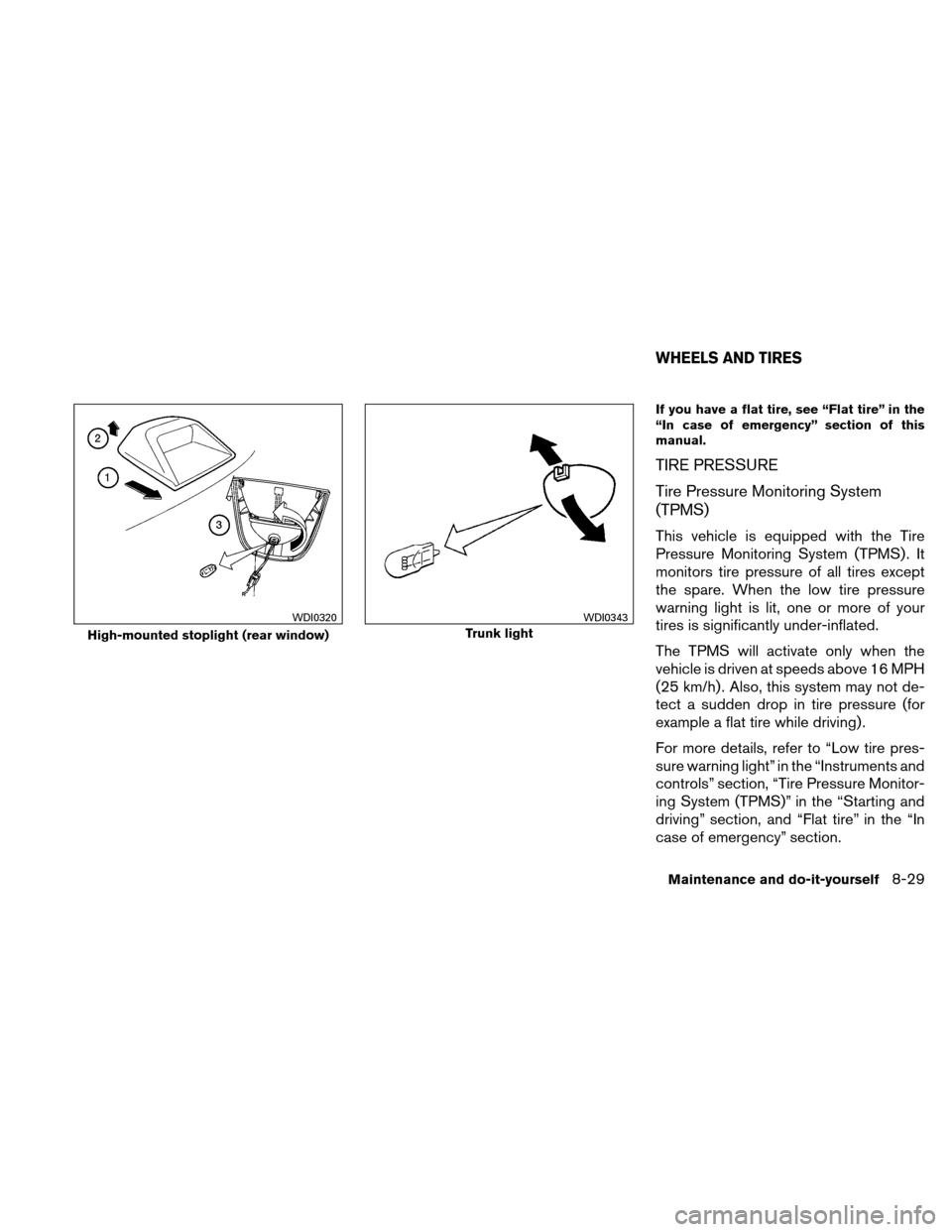 NISSAN ALTIMA HYBRID 2010 L32A / 4.G Owners Manual If you have a flat tire, see “Flat tire” in the
“In case of emergency” section of this
manual.
TIRE PRESSURE
Tire Pressure Monitoring System
(TPMS)
This vehicle is equipped with the Tire
Press