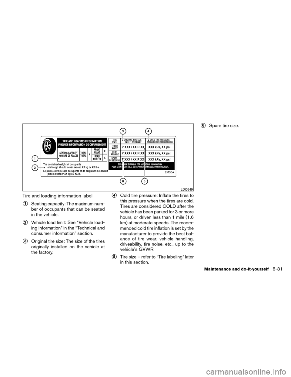 NISSAN ALTIMA HYBRID 2010 L32A / 4.G User Guide Tire and loading information label
1Seating capacity: The maximum num-
ber of occupants that can be seated
in the vehicle.
2Vehicle load limit: See “Vehicle load-
ing information” in the “Tech