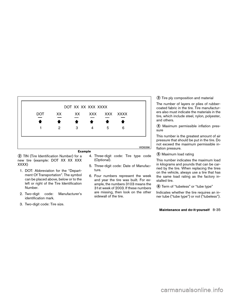 NISSAN ALTIMA HYBRID 2010 L32A / 4.G User Guide 2TIN (Tire Identification Number) for a
new tire (example: DOT XX XX XXX
XXXX)
1. DOT: Abbreviation for the “Depart- ment Of Transportation”. The symbol
can be placed above, below or to the
left 