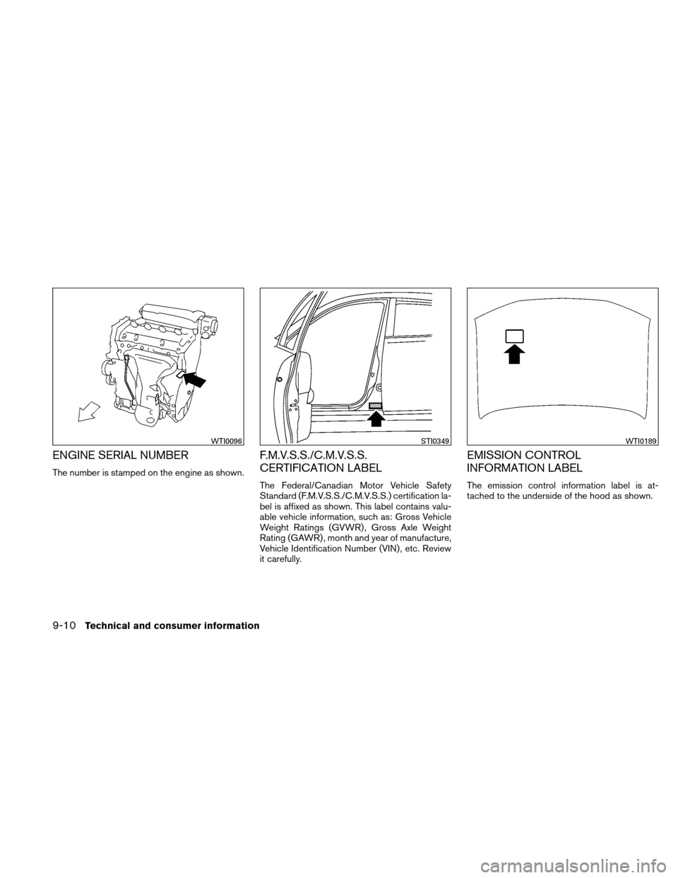 NISSAN ALTIMA HYBRID 2010 L32A / 4.G Owners Manual ENGINE SERIAL NUMBER
The number is stamped on the engine as shown.
F.M.V.S.S./C.M.V.S.S.
CERTIFICATION LABEL
The Federal/Canadian Motor Vehicle Safety
Standard (F.M.V.S.S./C.M.V.S.S.) certification la