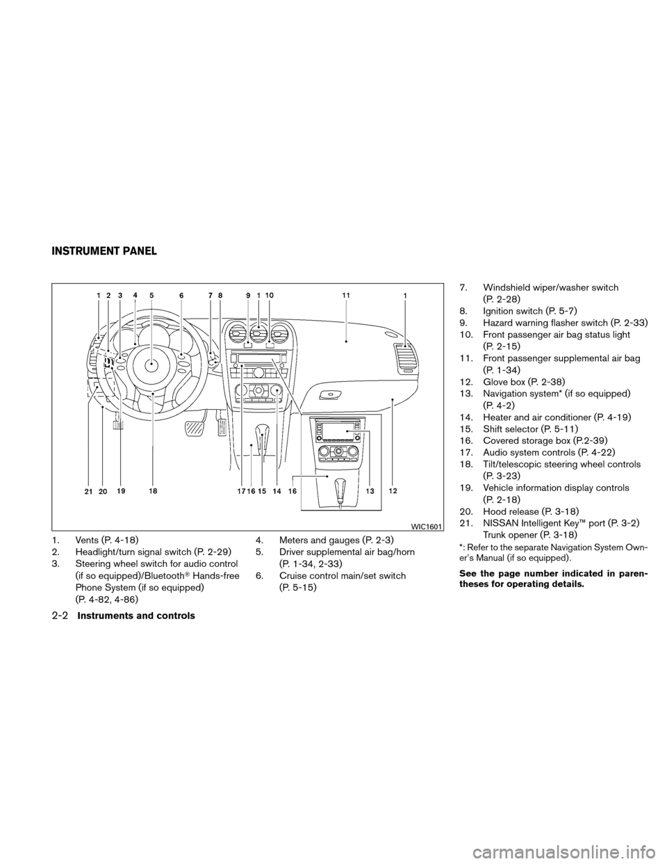 NISSAN ALTIMA HYBRID 2010 L32A / 4.G Manual Online 1. Vents (P. 4-18)
2. Headlight/turn signal switch (P. 2-29)
3. Steering wheel switch for audio control(if so equipped)/Bluetooth Hands-free
Phone System (if so equipped)
(P. 4-82, 4-86) 4. Meters an