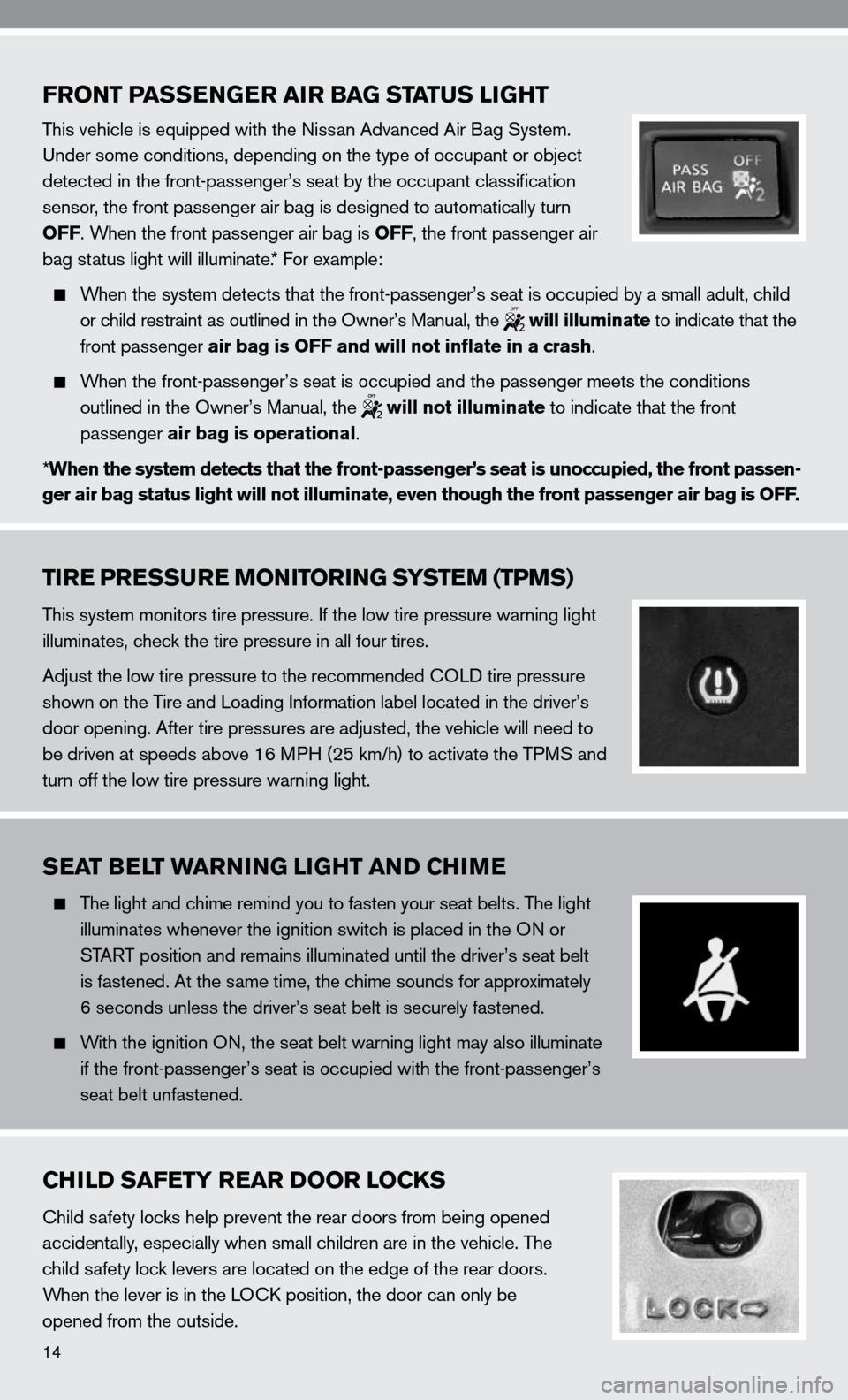 NISSAN ALTIMA HYBRID 2010 L32A / 4.G Quick Reference Guide FRONT PASSENGER AIR BAG STATUS LIGHT
This vehicle is equipped with the nissan Advanced Air Bag System. 
u nder some conditions, depending on the type of occupant or object 
detected in the front-passe