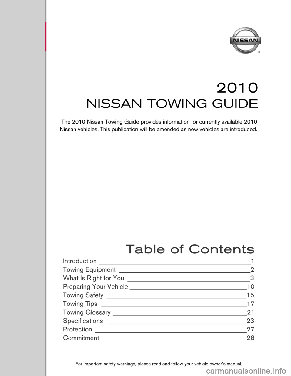 NISSAN VERSA HATCHBACK 2010 1.G Towing Guide 9
2010
NISSAN TOWING GUIDE
 Table of Contents
Introduction _____________________________________________________1 
Towing Equipment
 ______________________________________________2 
What Is Right for 