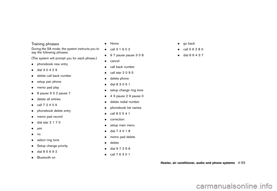 NISSAN CUBE 2010 3.G User Guide Black plate (201,1)
Model "Z12-D" EDITED: 2009/ 9/ 17
Training phrasesDuring the SA mode, the system instructs you to
say the following phrases.
(The system will prompt you for each phrase.)
.phoneboo NISSAN CUBE 2010 3.G User Guide Black plate (201,1)
Model "Z12-D" EDITED: 2009/ 9/ 17
Training phrasesDuring the SA mode, the system instructs you to
say the following phrases.
(The system will prompt you for each phrase.)
.phoneboo