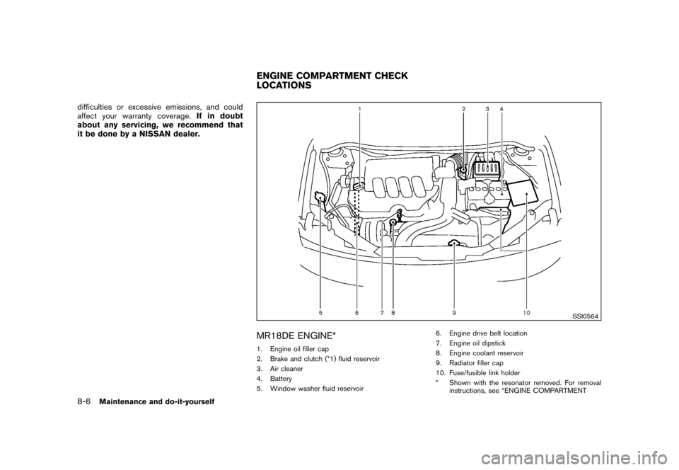 NISSAN CUBE 2010 3.G User Guide Black plate (268,1)
Model "Z12-D" EDITED: 2009/ 9/ 17
difficulties or excessive emissions, and could
affect your warranty coverage.If in doubt
about any servicing, we recommend that
it be done by a NI