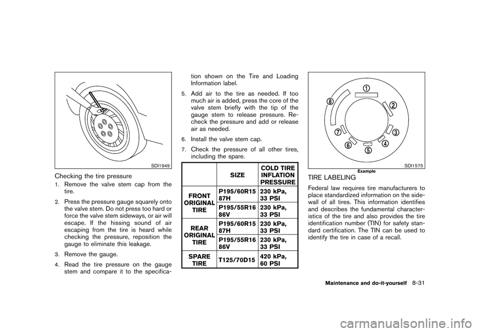 NISSAN CUBE 2010 3.G Owners Manual Black plate (293,1)
Model "Z12-D" EDITED: 2009/ 9/ 17
SDI1949
Checking the tire pressure1.
Remove the valve stem cap from the
tire.
2.
Press the pressure gauge squarely onto
the valve stem. Do not pre