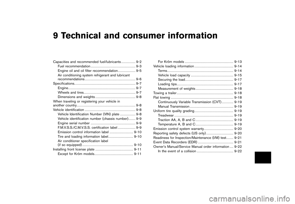 NISSAN CUBE 2010 3.G Owners Manual Black plate (28,1)
9 Technical and consumer information
Model "Z12-D" EDITED: 2010/ 4/ 14
Capacities and recommended fuel/lubricants............ 9-2
Fuel recommendation ...............................