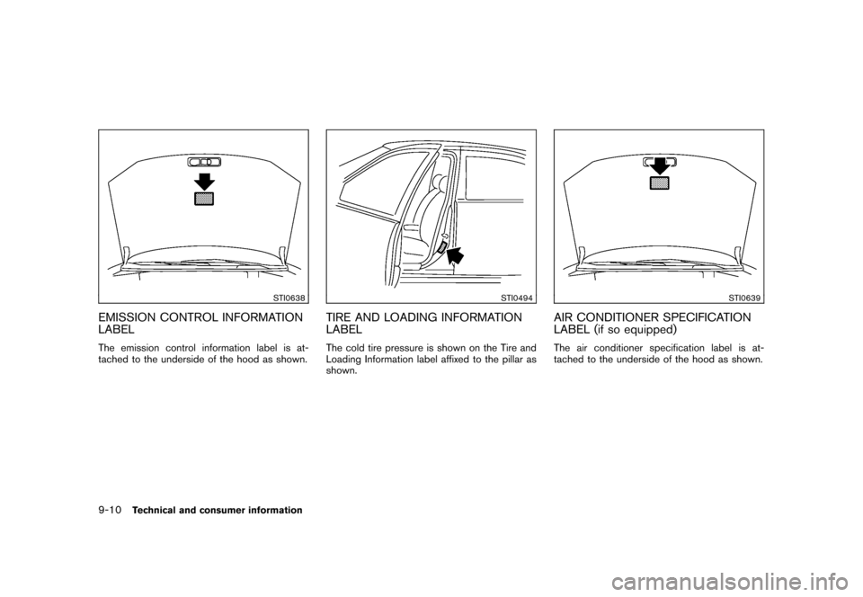 NISSAN CUBE 2010 3.G Owners Manual Black plate (310,1)
Model "Z12-D" EDITED: 2009/ 9/ 17
STI0638
EMISSION CONTROL INFORMATION
LABELThe emission control information label is at-
tached to the underside of the hood as shown.
STI0494
TIRE