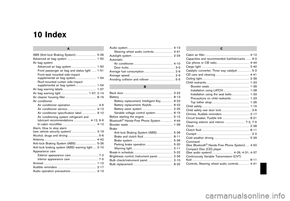 NISSAN CUBE 2010 3.G Owners Manual Black plate (1,1)
10 Index
A
ABS (Anti-lock Braking System) .................. 5-26
Advanced air bag system ......................... 1-50
Air bag system Advanced air bag system ..................... 