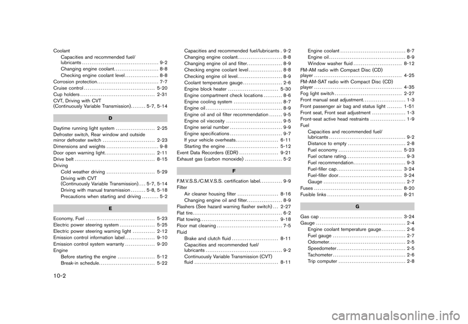 NISSAN CUBE 2010 3.G Owners Manual Black plate (2,1)
10-2CoolantCapacities and recommended fuel/
lubricants ......................................... 9-2
Changing engine coolant ........................ 8-8
Checking engine coolant leve