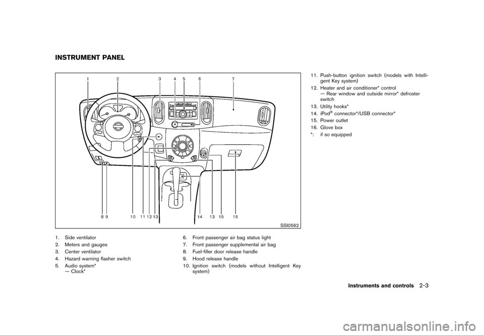 NISSAN CUBE 2010 3.G Owners Manual Black plate (77,1)
Model "Z12-D" EDITED: 2009/ 9/ 17
SSI0562
1. Side ventilator
2. Meters and gauges
3. Center ventilator
4. Hazard warning flasher switch
5. Audio system*— Clock* 6. Front passenger