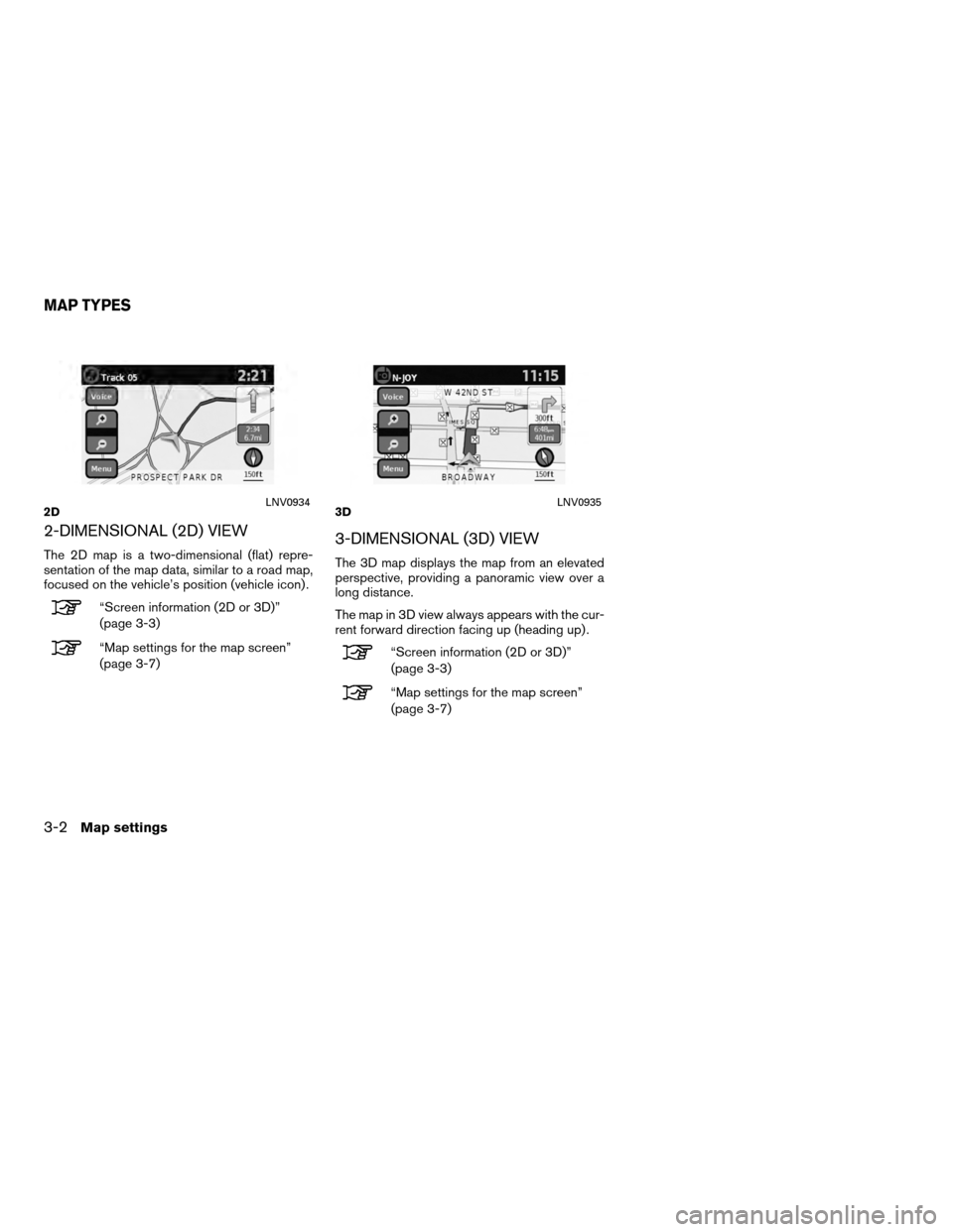 NISSAN SENTRA 2010 B17 / 7.G LC Navigation Manual 2-DIMENSIONAL (2D) VIEW
The 2D map is a two-dimensional (flat) repre-
sentation of the map data, similar to a road map,
focused on the vehicle’s position (vehicle icon) .
“Screen information (2D o