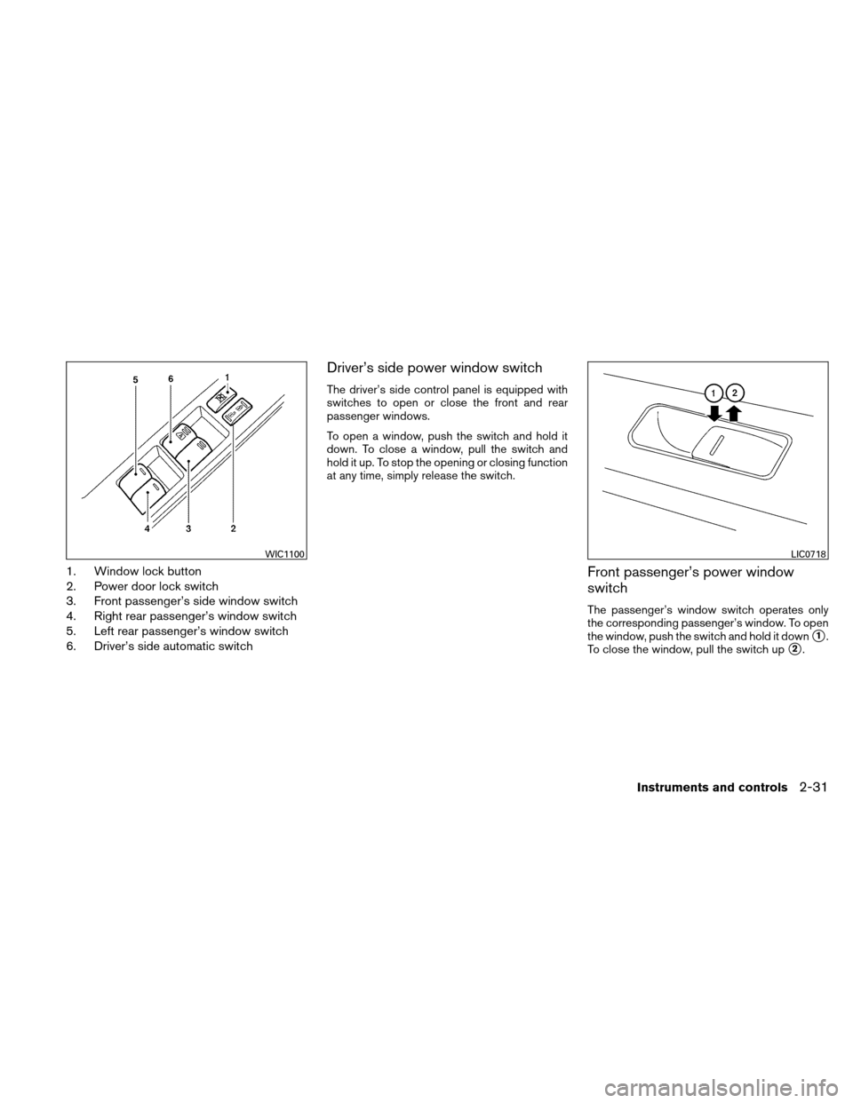NISSAN VERSA HATCHBACK 2010 1.G Owners Manual 1. Window lock button
2. Power door lock switch
3. Front passenger’s side window switch
4. Right rear passenger’s window switch
5. Left rear passenger’s window switch
6. Driver’s side automati