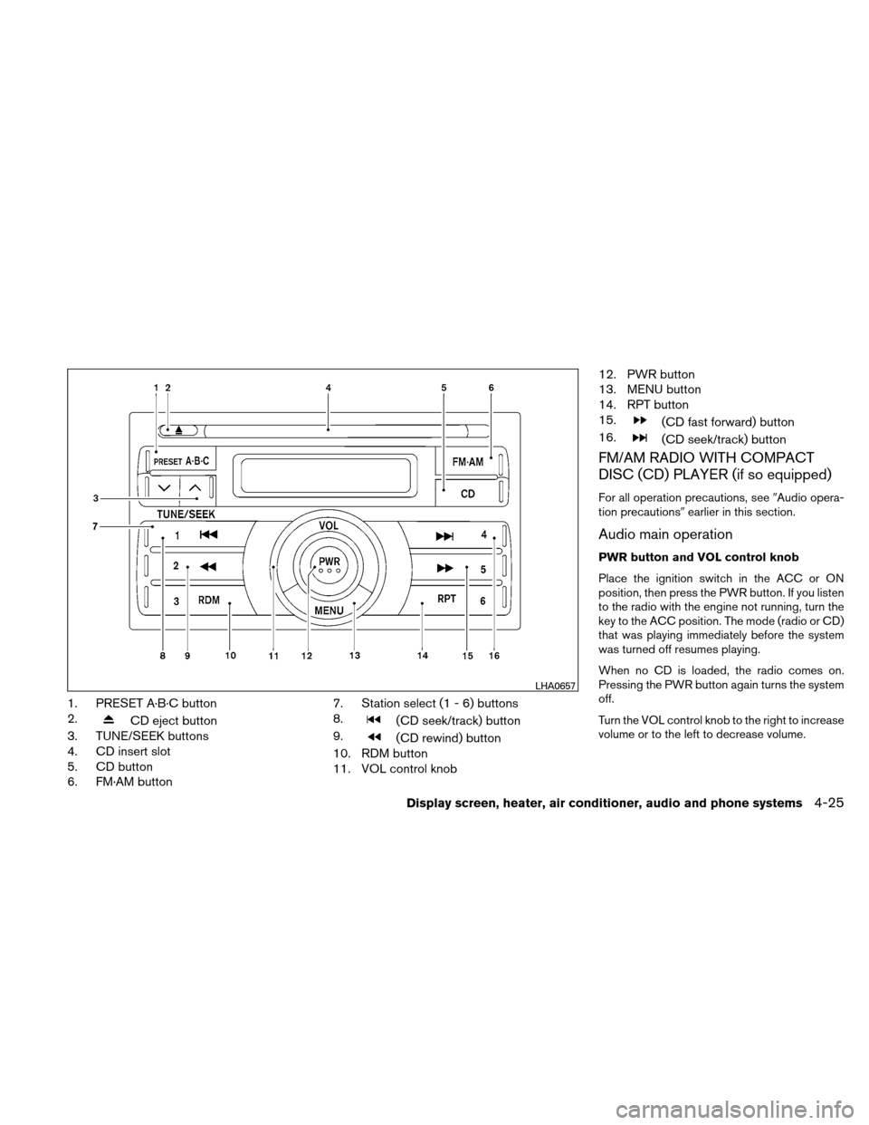 NISSAN VERSA HATCHBACK 2010 1.G Owners Manual 1. PRESET A·B·C button
2.
CD eject button
3. TUNE/SEEK buttons
4. CD insert slot
5. CD button
6. FM·AM button 7. Station select (1 - 6) buttons
8.(CD seek/track) button
9.
(CD rewind) button
10. RD