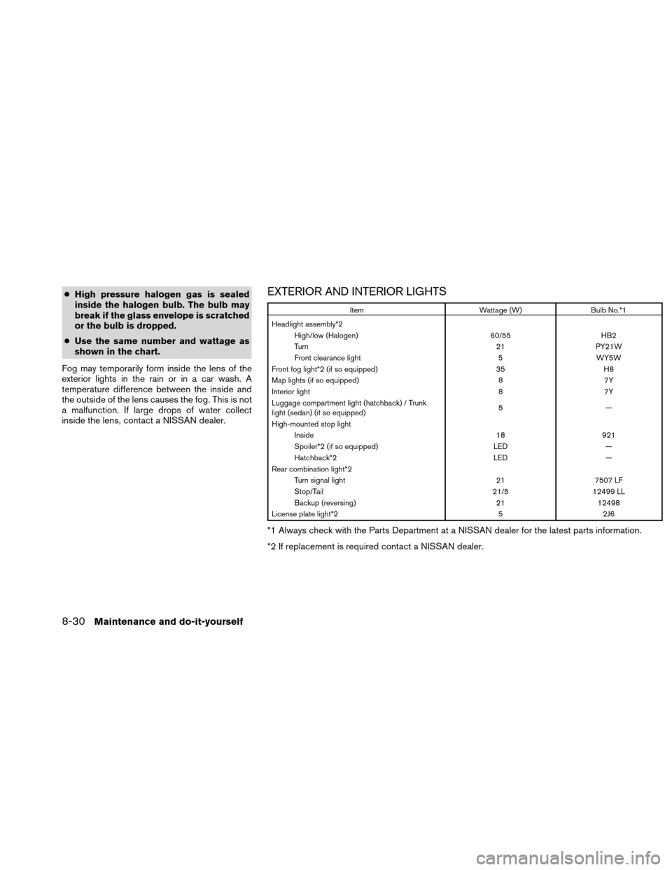 NISSAN VERSA HATCHBACK 2010 1.G Service Manual ●High pressure halogen gas is sealed
inside the halogen bulb. The bulb may
break if the glass envelope is scratched
or the bulb is dropped.
● Use the same number and wattage as
shown in the chart.