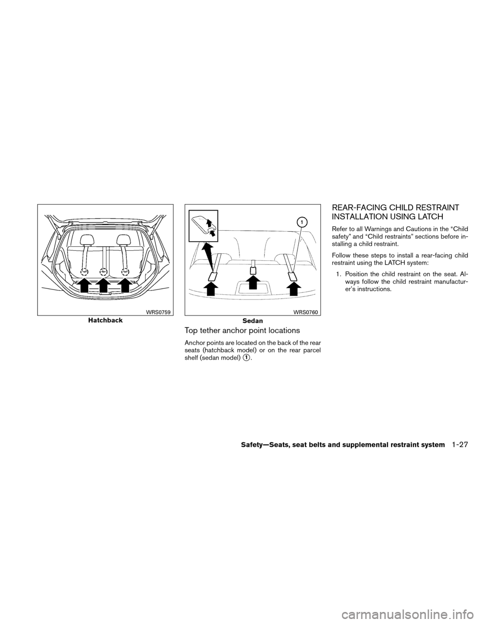 NISSAN VERSA HATCHBACK 2010 1.G Service Manual Top tether anchor point locations
Anchor points are located on the back of the rear
seats (hatchback model) or on the rear parcel
shelf (sedan model)
1.
REAR-FACING CHILD RESTRAINT
INSTALLATION USING