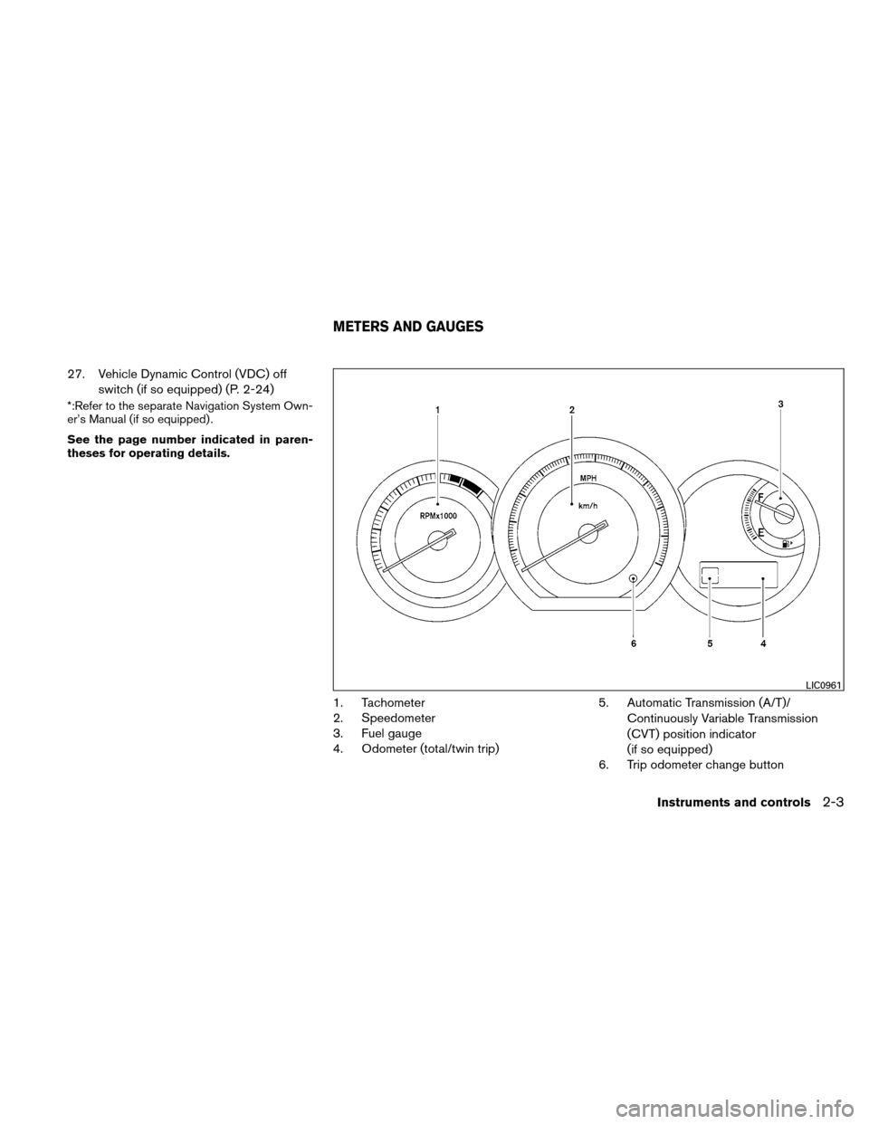 NISSAN VERSA HATCHBACK 2010 1.G Manual PDF 27. Vehicle Dynamic Control (VDC) offswitch (if so equipped) (P. 2-24)
*:Refer to the separate Navigation System Own-
er’s Manual (if so equipped) .
See the page number indicated in paren-
theses fo