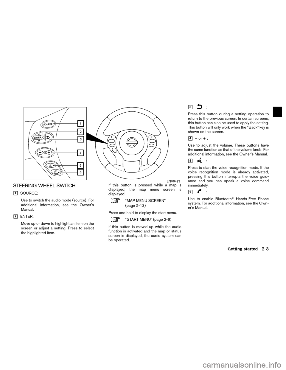 NISSAN ALTIMA COUPE 2011 D32 / 4.G Navigation Manual STEERING WHEEL SWITCH
1SOURCE:Use to switch the audio mode (source) . For
additional information, see the Owner’s
Manual.
2ENTER:Move up or down to highlight an item on the
screen or adjust a sett