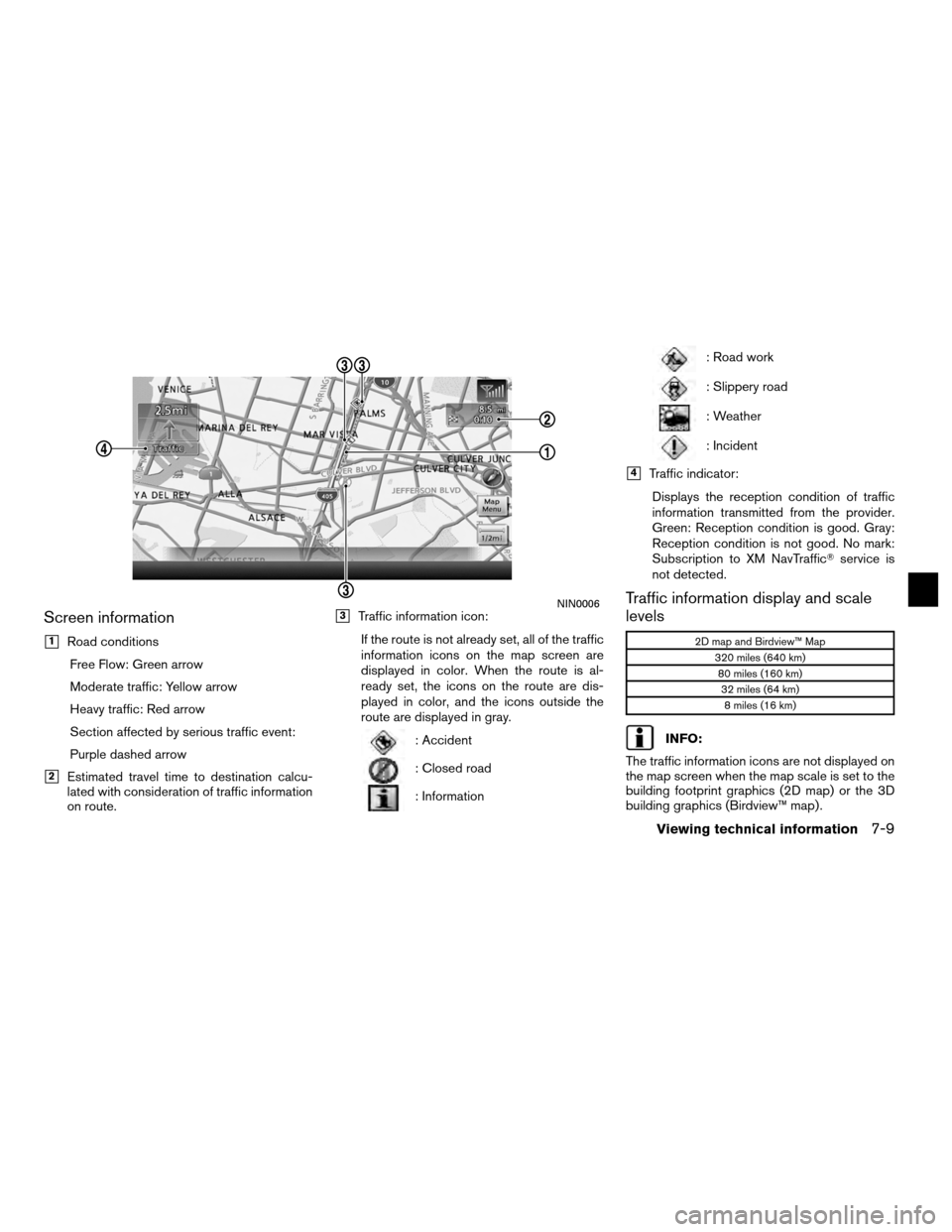 NISSAN ALTIMA COUPE 2011 D32 / 4.G Navigation Manual Screen information
1Road conditionsFree Flow: Green arrow
Moderate traffic: Yellow arrow
Heavy traffic: Red arrow
Section affected by serious traffic event:
Purple dashed arrow
2Estimated travel tim