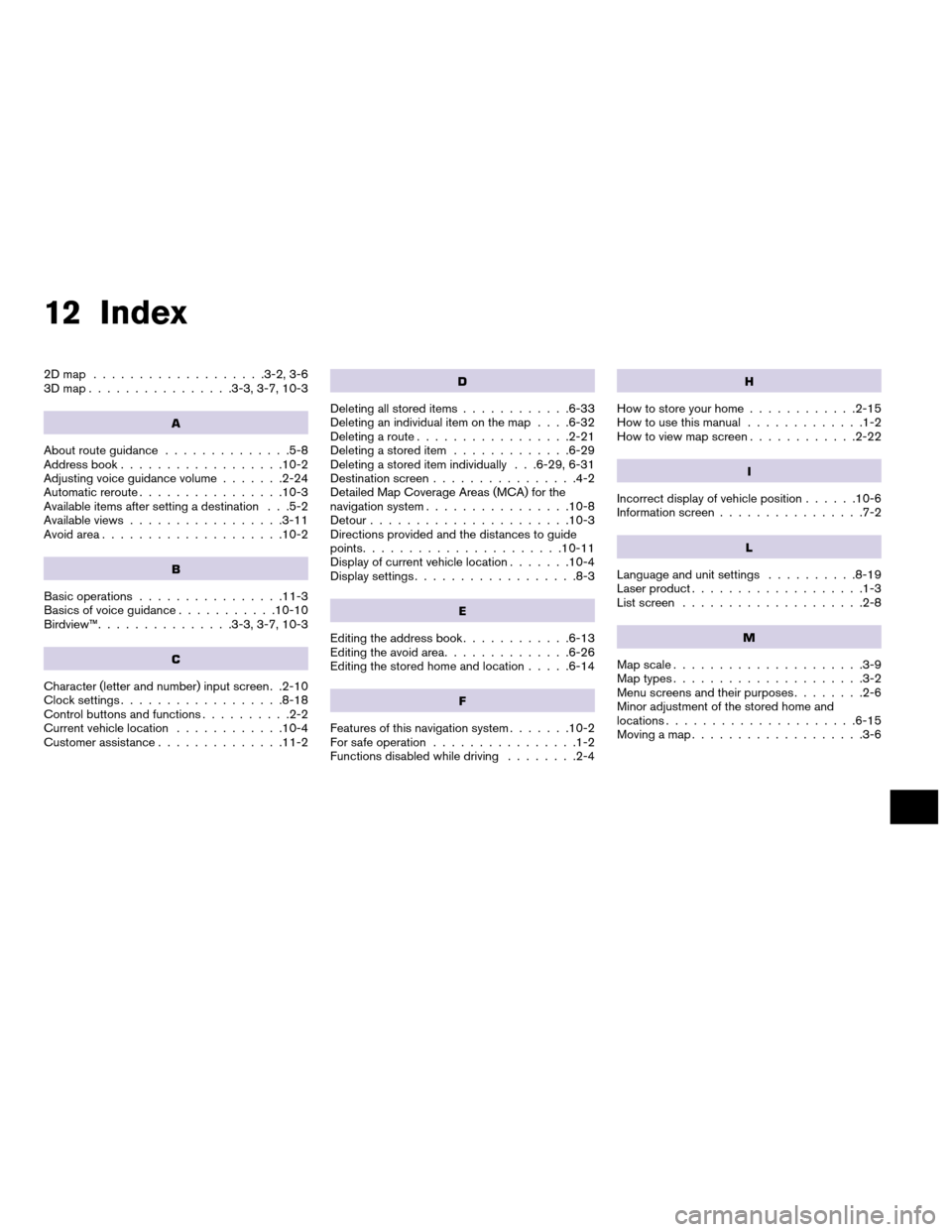 NISSAN ALTIMA COUPE 2011 D32 / 4.G Navigation Manual 12 Index
2Dmap ...................3-2, 3-6
3Dmap................3-3, 3-7, 10-3
A
About route guidance..............5-8
Address book ..................10-2
Adjusting voice guidance volume .......2-24
A