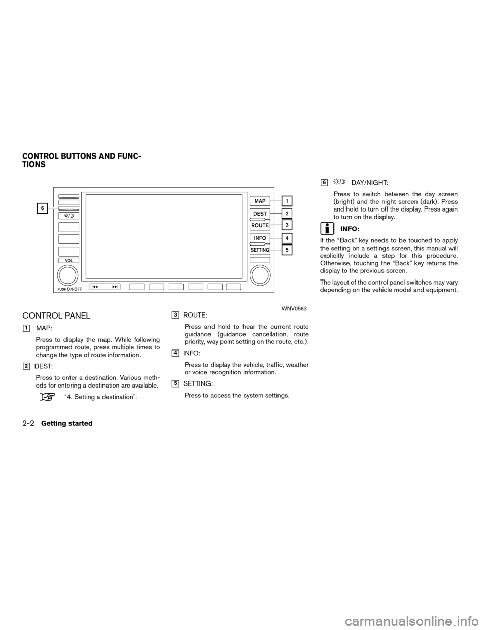 NISSAN ALTIMA COUPE 2011 D32 / 4.G Navigation Manual CONTROL PANEL
1MAP:
Press to display the map. While following
programmed route, press multiple times to
change the type of route information.
2DEST: Press to enter a destination. Various meth-
ods f