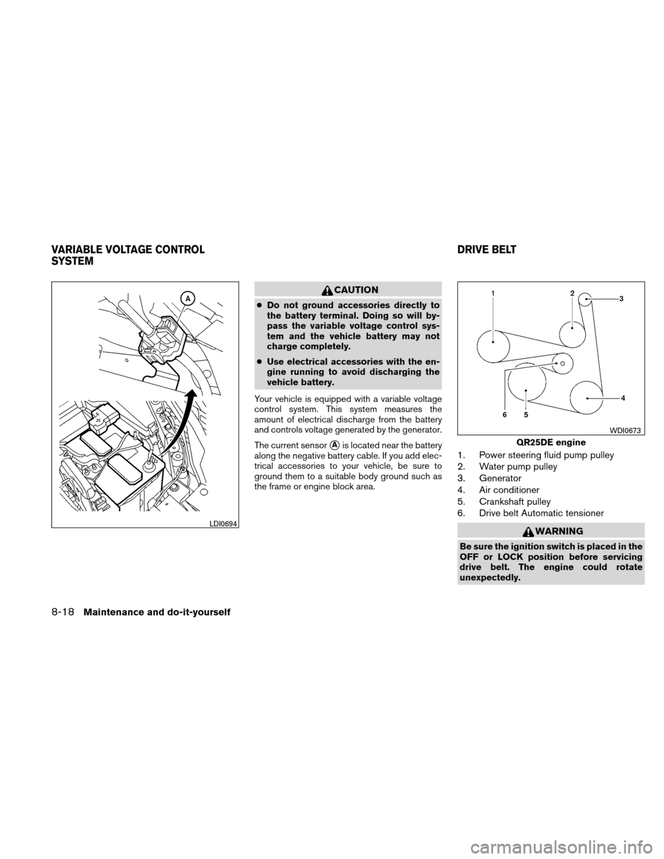 NISSAN ALTIMA COUPE 2011 D32 / 4.G Service Manual CAUTION
●Do not ground accessories directly to
the battery terminal. Doing so will by-
pass the variable voltage control sys-
tem and the vehicle battery may not
charge completely.
● Use electrica