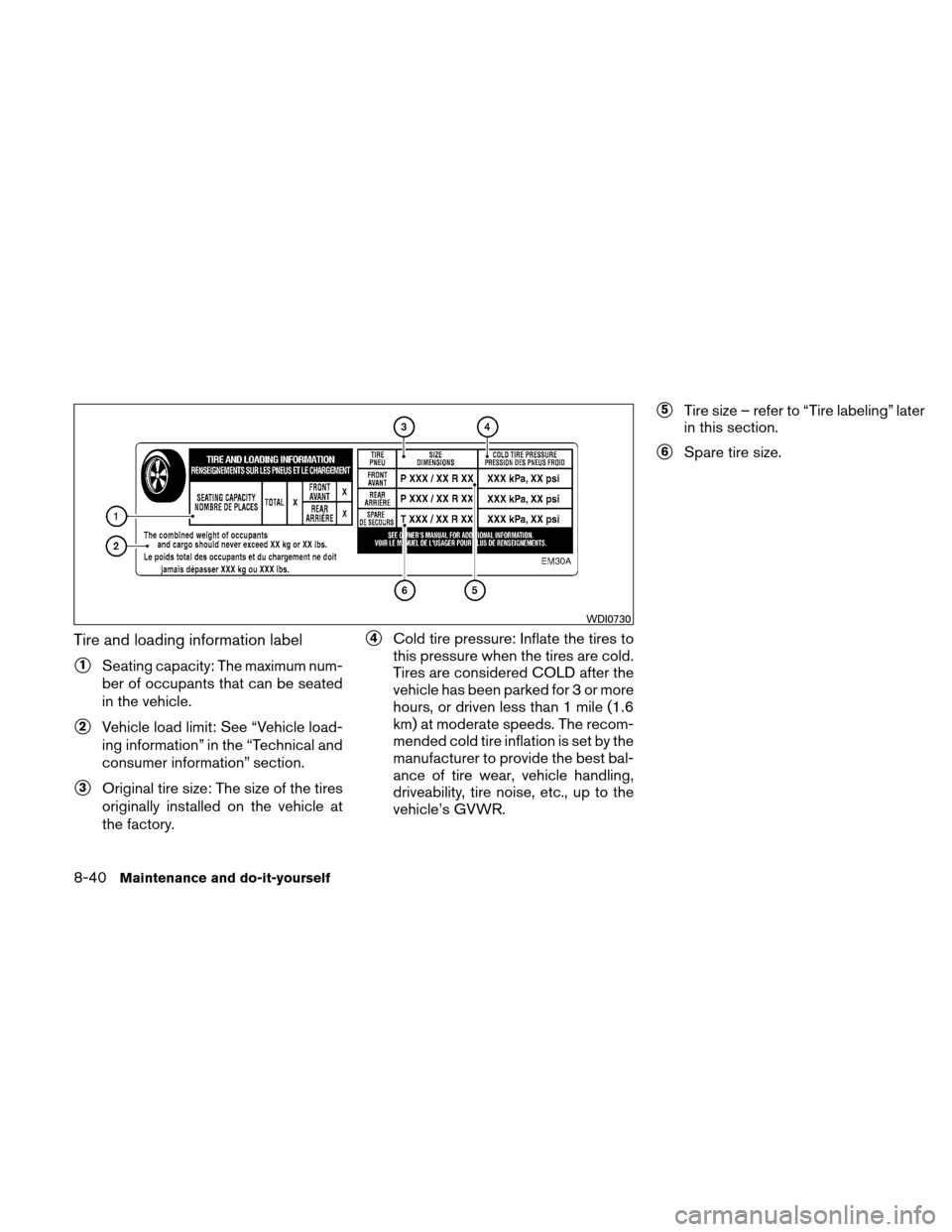 NISSAN ALTIMA COUPE 2011 D32 / 4.G User Guide Tire and loading information label
1Seating capacity: The maximum num-
ber of occupants that can be seated
in the vehicle.
2Vehicle load limit: See “Vehicle load-
ing information” in the “Tech