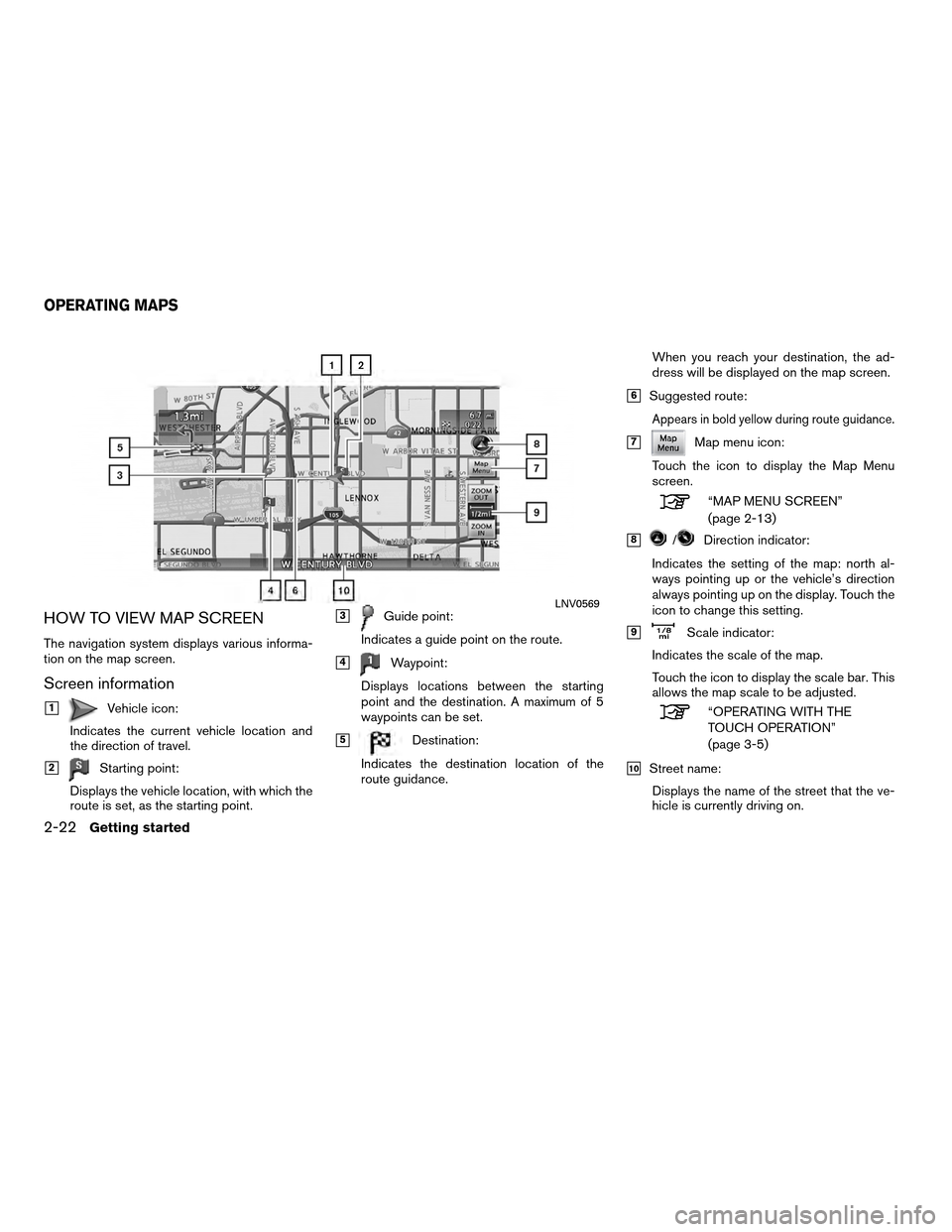 NISSAN ALTIMA HYBRID 2011 L32A / 4.G Navigation Manual HOW TO VIEW MAP SCREEN
The navigation system displays various informa-
tion on the map screen.
Screen information
1Vehicle icon:
Indicates the current vehicle location and
the direction of travel.
2