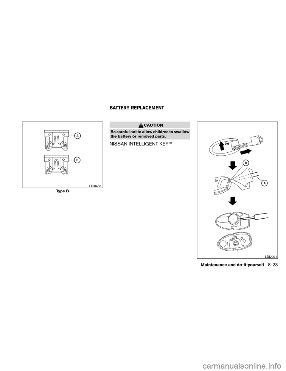 NISSAN ALTIMA HYBRID 2011 L32A / 4.G Owners Manual CAUTION
Be careful not to allow children to swallow
the battery or removed parts.
NISSAN INTELLIGENT KEY™
Type B
LDI0456
LDI2001
BATTERY REPLACEMENT
Maintenance and do-it-yourself8-23 