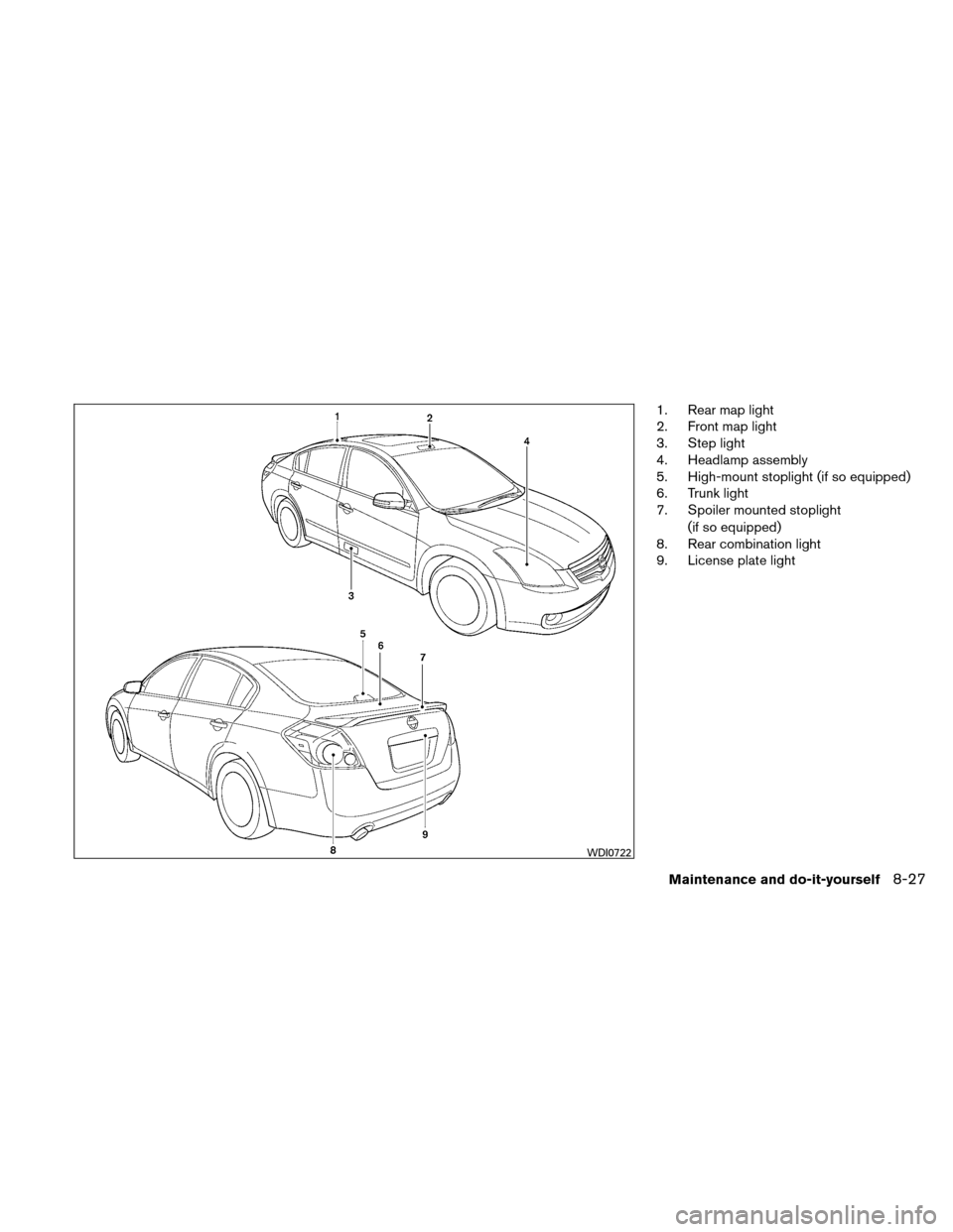 NISSAN ALTIMA HYBRID 2011 L32A / 4.G Owners Manual 1. Rear map light
2. Front map light
3. Step light
4. Headlamp assembly
5. High-mount stoplight (if so equipped)
6. Trunk light
7. Spoiler mounted stoplight(if so equipped)
8. Rear combination light
9