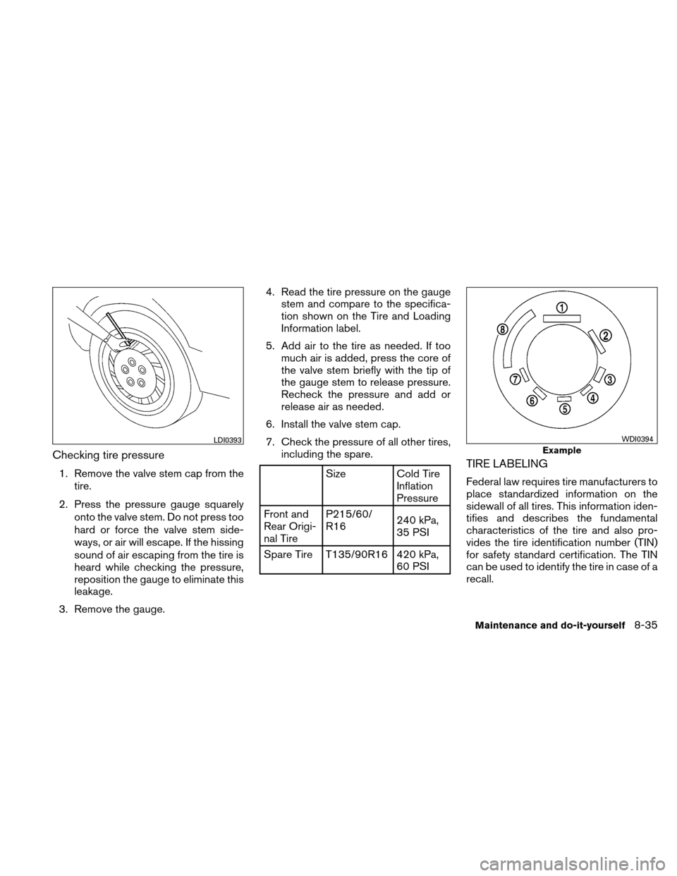 NISSAN ALTIMA HYBRID 2011 L32A / 4.G Owners Manual Checking tire pressure
1. Remove the valve stem cap from thetire.
2. Press the pressure gauge squarely onto the valve stem. Do not press too
hard or force the valve stem side-
ways, or air will escape