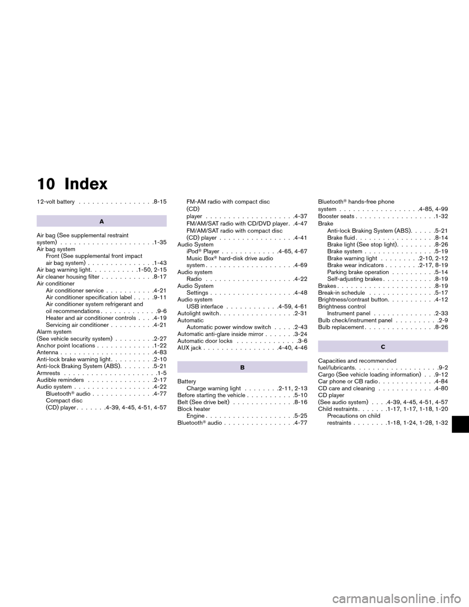 NISSAN ALTIMA HYBRID 2011 L32A / 4.G Owners Manual 10 Index
12-volt battery.................8-15
A
Air bag (See supplemental restraint
system) .....................1-35
Air bag system Front (See supplemental front impact
air bag system) ..............