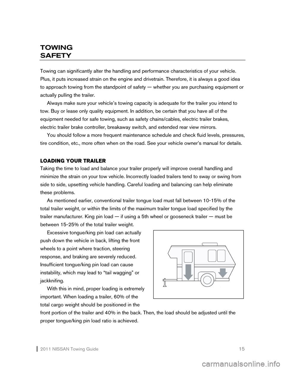 NISSAN XTERRA 2011 N50 / 2.G Towing Guide  2011 NISSAN Towing Guide    15
TOWING  
SAFETY 
 
Towing can significantly alter the handling and performance characteristics of your vehicle. 
Plus, it puts increased strain on the engine and drivet