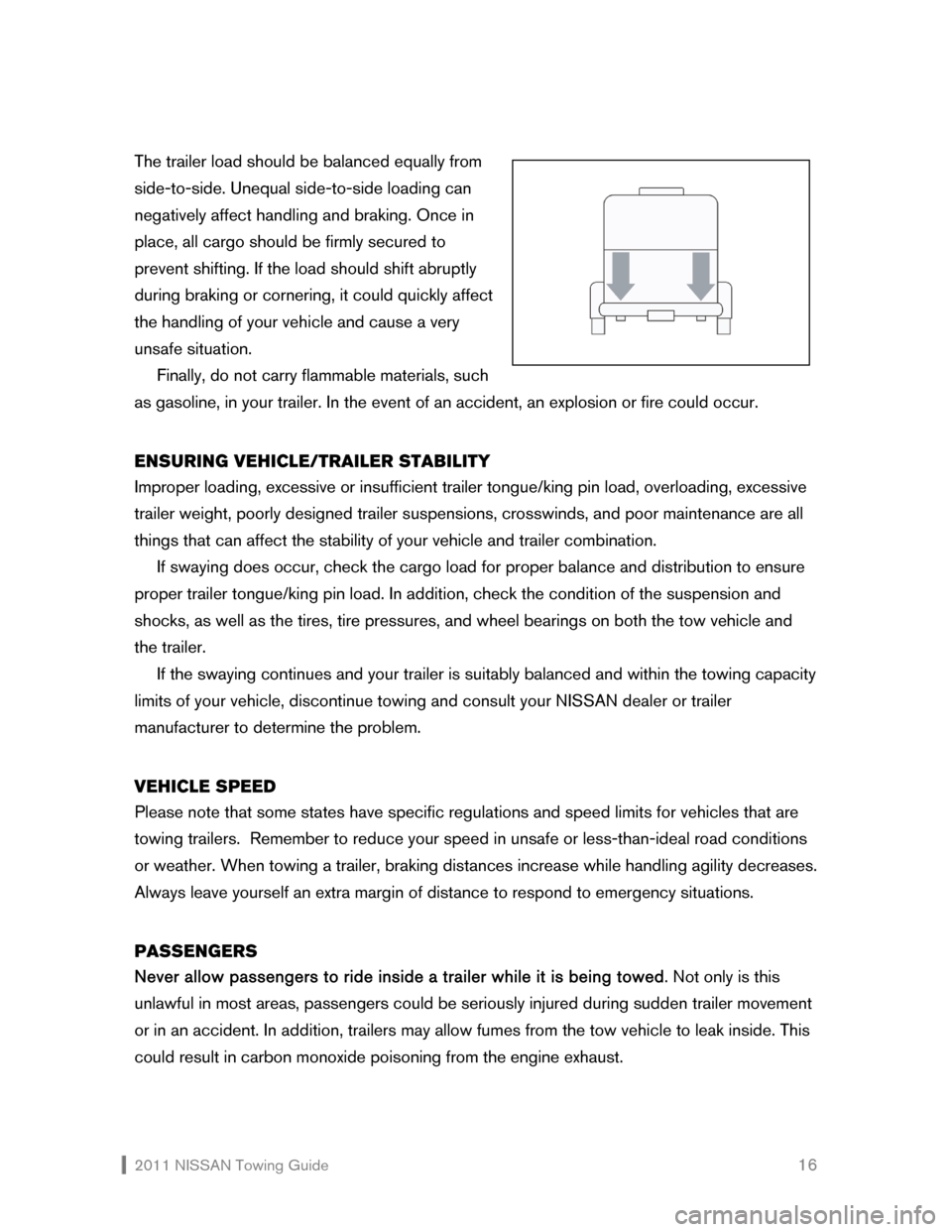 NISSAN XTERRA 2011 N50 / 2.G Towing Guide  2011 NISSAN Towing Guide    16 The trailer load should be balanced equally from 
side-to-side. Unequal side-to-side loading can 
negatively affect handling and braking. Once in 
place, all cargo shou