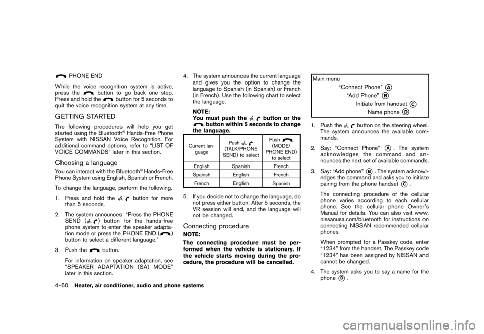NISSAN CUBE 2011 3.G Owners Manual Black plate (206,1)
Model "Z12-D" EDITED: 2010/ 9/ 27
PHONE END
While the voice recognition system is active,
press the
button to go back one step.
Press and hold the
button for 5 seconds to
quit the 