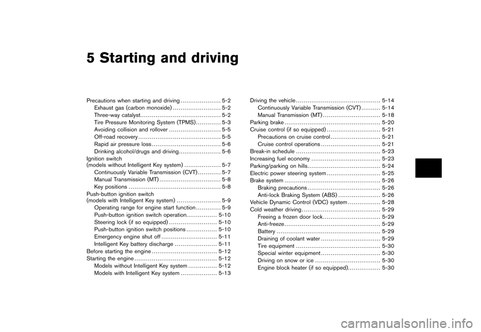 NISSAN CUBE 2011 3.G Owners Manual Black plate (16,1)
5 Starting and driving
Model "Z12-D" EDITED: 2010/ 9/ 27
Precautions when starting and driving..................... 5-2
Exhaust gas (carbon monoxide) ......................... 5-2
T