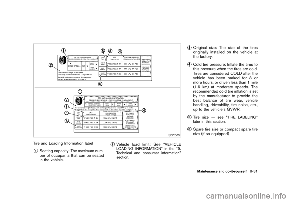 NISSAN CUBE 2011 3.G Owners Manual Black plate (303,1)
Model "Z12-D" EDITED: 2010/ 9/ 27
SDI2503
Tire and Loading Information label*1
Seating capacity: The maximum num-
ber of occupants that can be seated
in the vehicle.
*2
Vehicle loa
