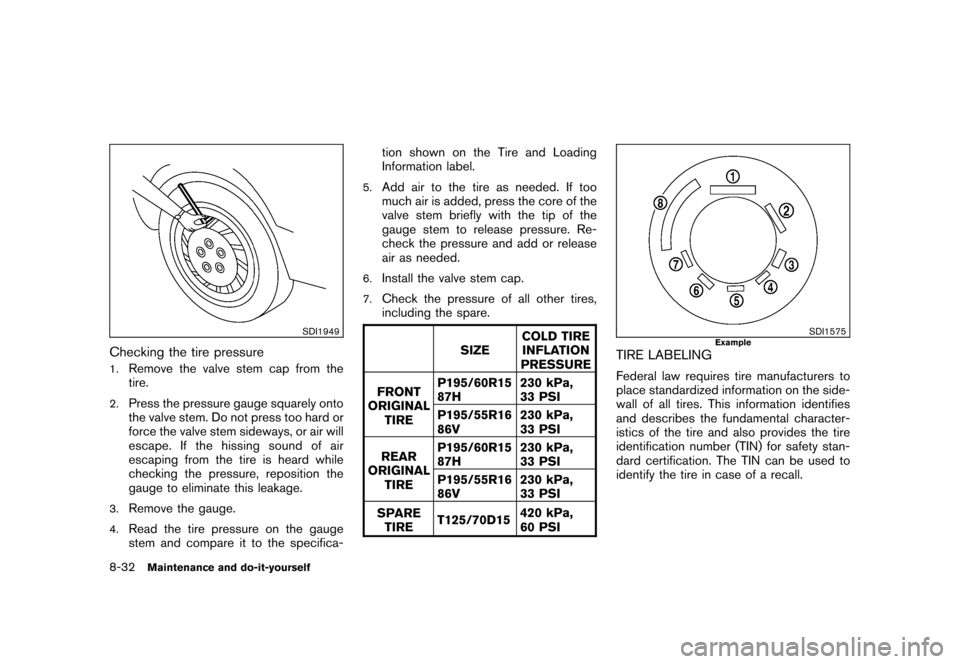 NISSAN CUBE 2011 3.G Owners Manual Black plate (304,1)
Model "Z12-D" EDITED: 2010/ 9/ 27
SDI1949
Checking the tire pressure1.
Remove the valve stem cap from the
tire.
2.
Press the pressure gauge squarely onto
the valve stem. Do not pre NISSAN CUBE 2011 3.G Owners Manual Black plate (304,1)
Model "Z12-D" EDITED: 2010/ 9/ 27
SDI1949
Checking the tire pressure1.
Remove the valve stem cap from the
tire.
2.
Press the pressure gauge squarely onto
the valve stem. Do not pre