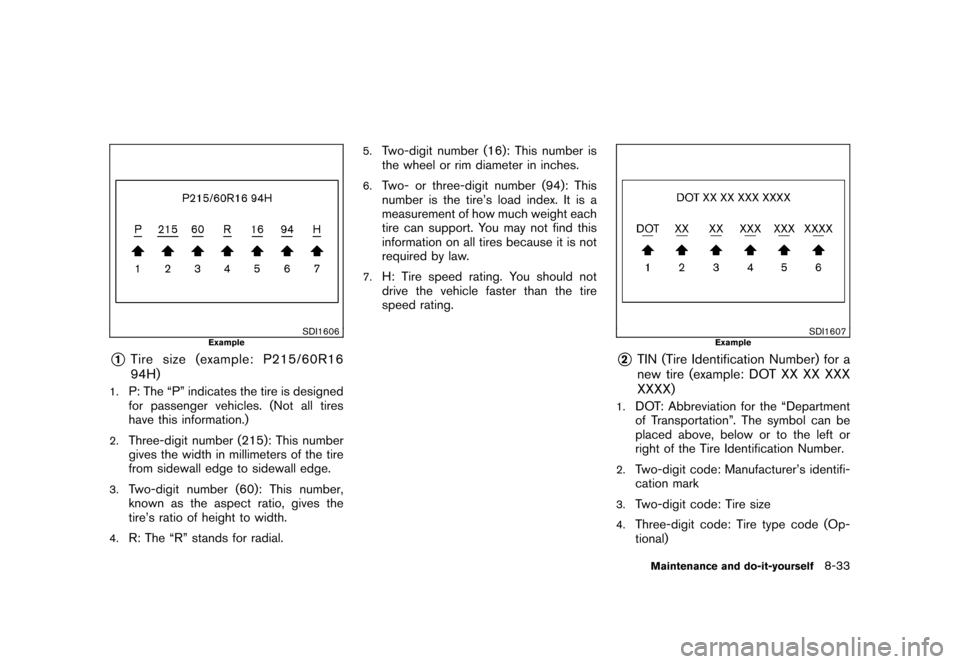 NISSAN CUBE 2011 3.G Owners Manual Black plate (305,1)
Model "Z12-D" EDITED: 2010/ 9/ 27
SDI1606
Example
*1
Tire size (example: P215/60R16
94H)
1.
P: The “P” indicates the tire is designed
for passenger vehicles. (Not all tires
hav