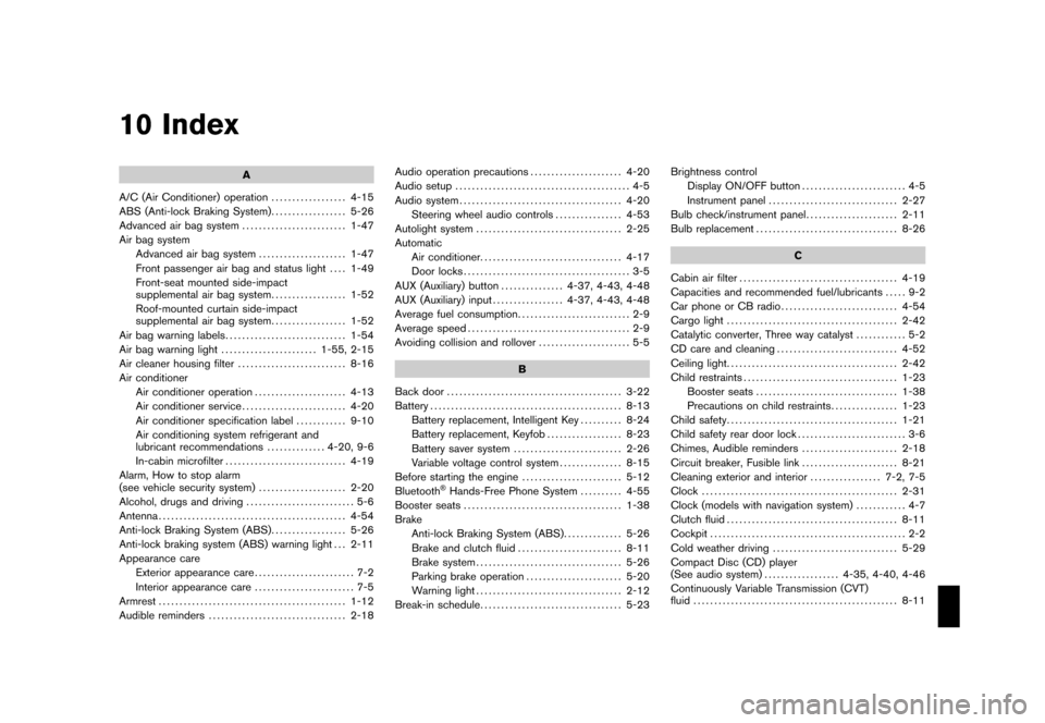 NISSAN CUBE 2011 3.G Owners Guide Black plate (1,1)
10 Index
A
A/C (Air Conditioner) operation .................. 4-15
ABS (Anti-lock Braking System) .................. 5-26
Advanced air bag system ......................... 1-47
Air b NISSAN CUBE 2011 3.G Owners Guide Black plate (1,1)
10 Index
A
A/C (Air Conditioner) operation .................. 4-15
ABS (Anti-lock Braking System) .................. 5-26
Advanced air bag system ......................... 1-47
Air b
