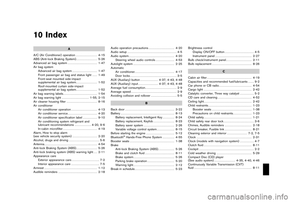 NISSAN CUBE 2011 3.G Owners Manual Black plate (1,1)
10 Index
A
A/C (Air Conditioner) operation .................. 4-15
ABS (Anti-lock Braking System) .................. 5-26
Advanced air bag system ......................... 1-47
Air b